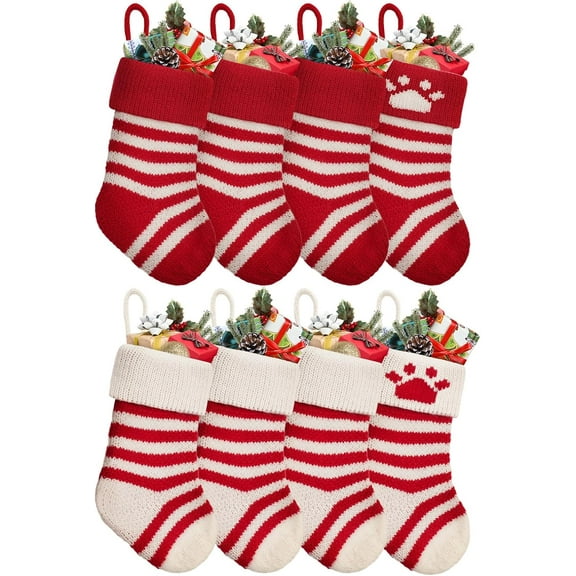 Dalrosia 8PCS Mini Cable Knitted Christmas Stockings 8'' White Red Strips Christmas Stockings with Claw Pattern Small Soft for Fireplace and Stair Decorations,Holiday Family Stockings