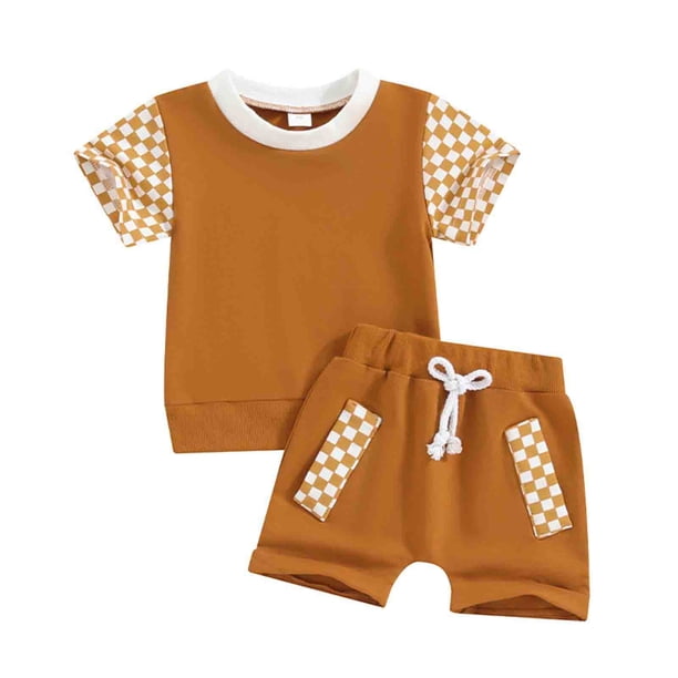 Odeerbi 3M-3Y Conjuntos de Verano Para Niños Camisetas de Algodón de Manga Corta A Cuadros Shorts Conjunto de Dos Piezas Color Blocked