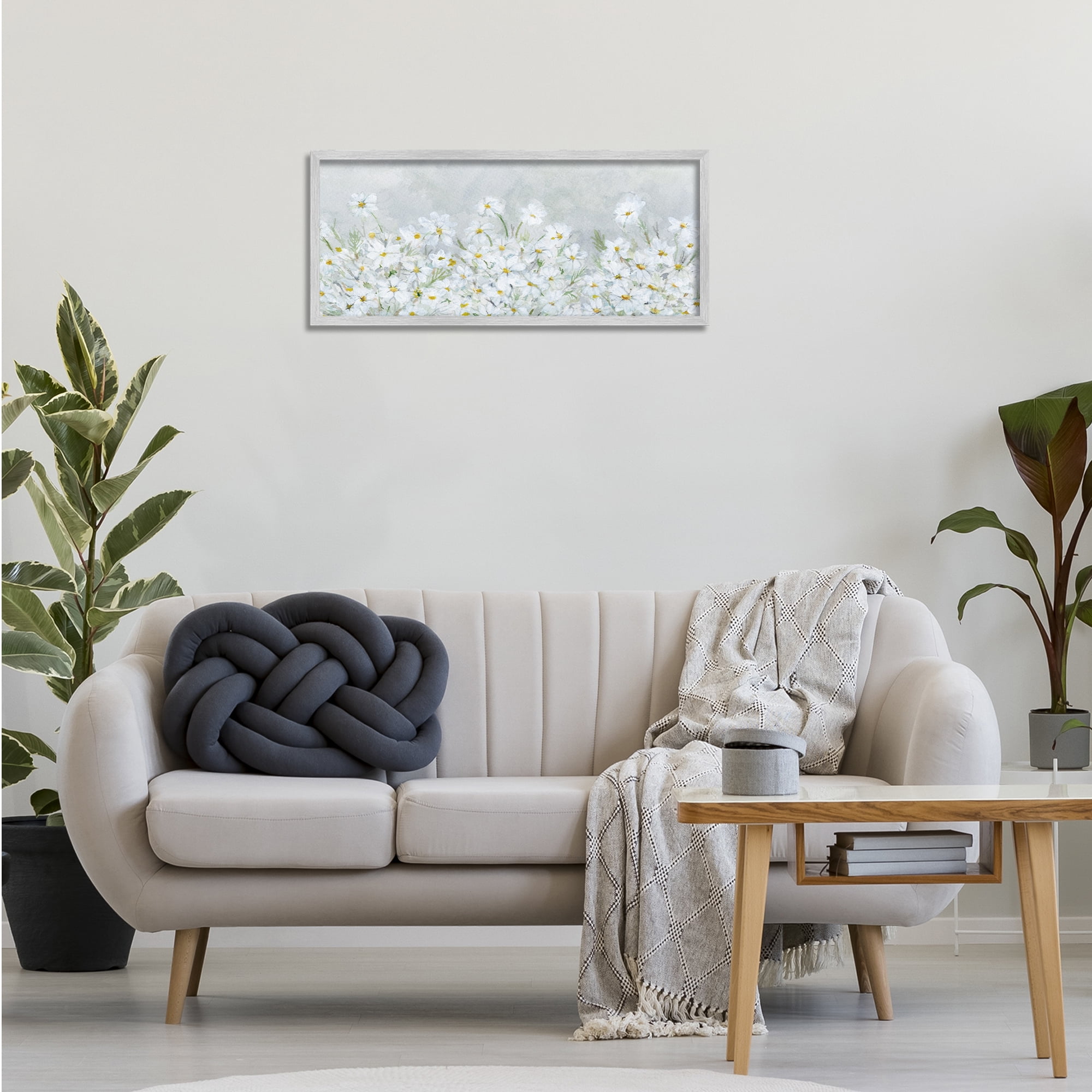 Stupell Industries Subtle Brushed Daisies Botanical & Floral Painting Gray Framed Art Print Wall Art, 30 x 13