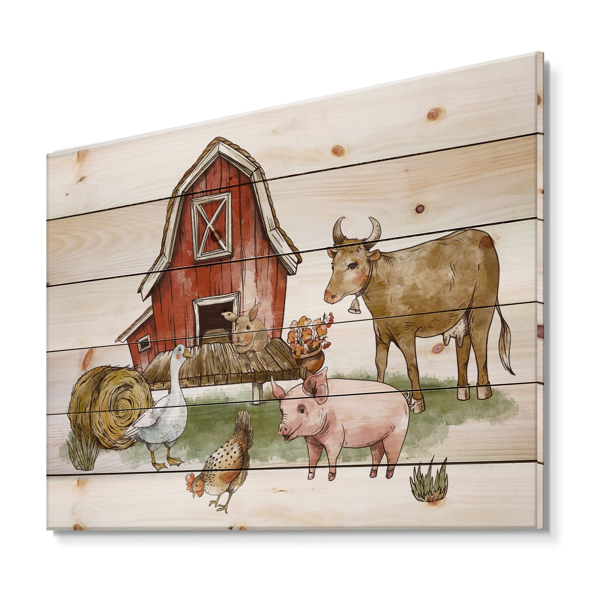 Designart 'Farm House With Goose Cow Pig Chicken and Haystack' Rustic Print on Natural Pine Wood