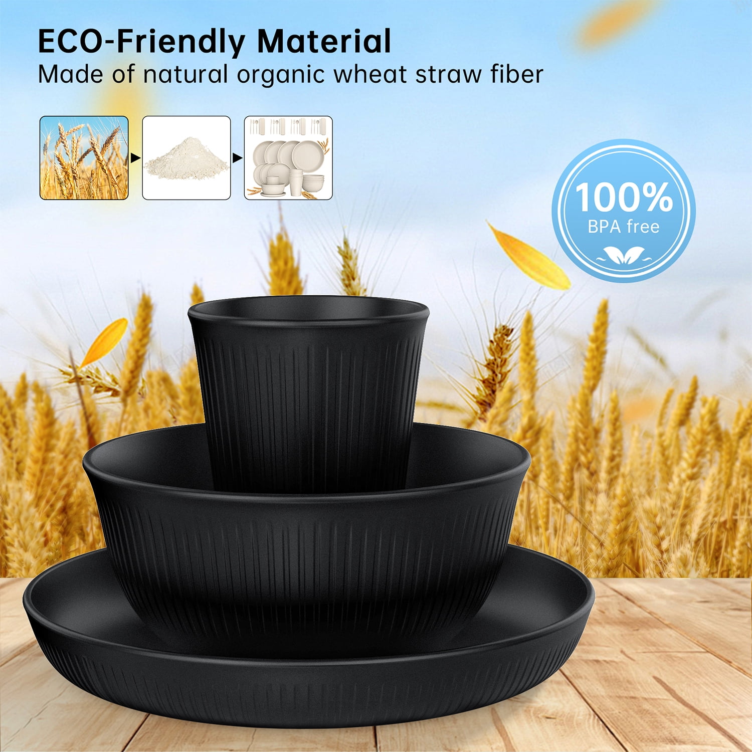 GPED Wheat Straw Dinnerware Sets, 48 Pcs, Service for 4, Microwave