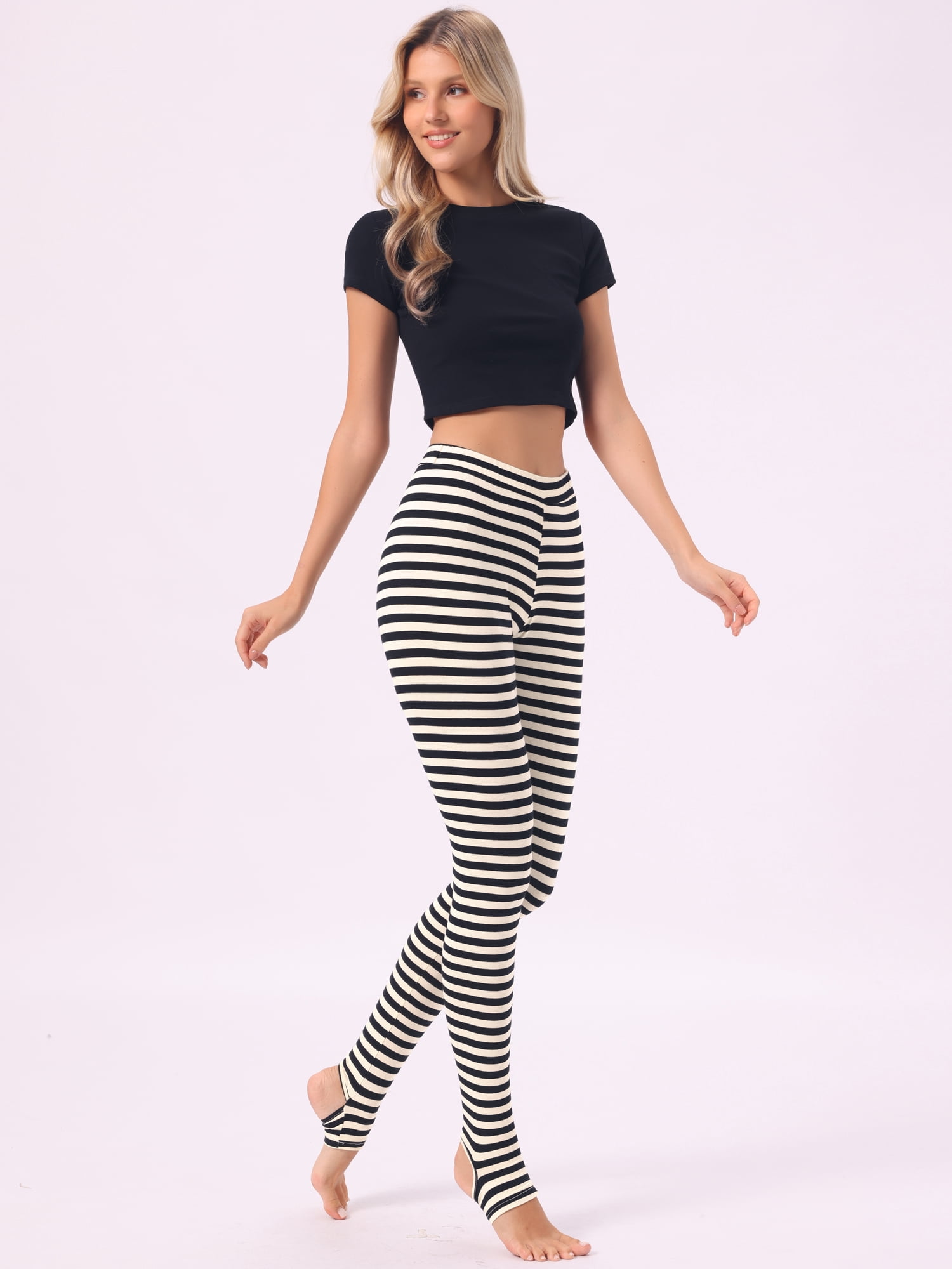DARING DIVA Women's Tights High Waist Elastic Waistband Pants S Black Beige-Stripe
