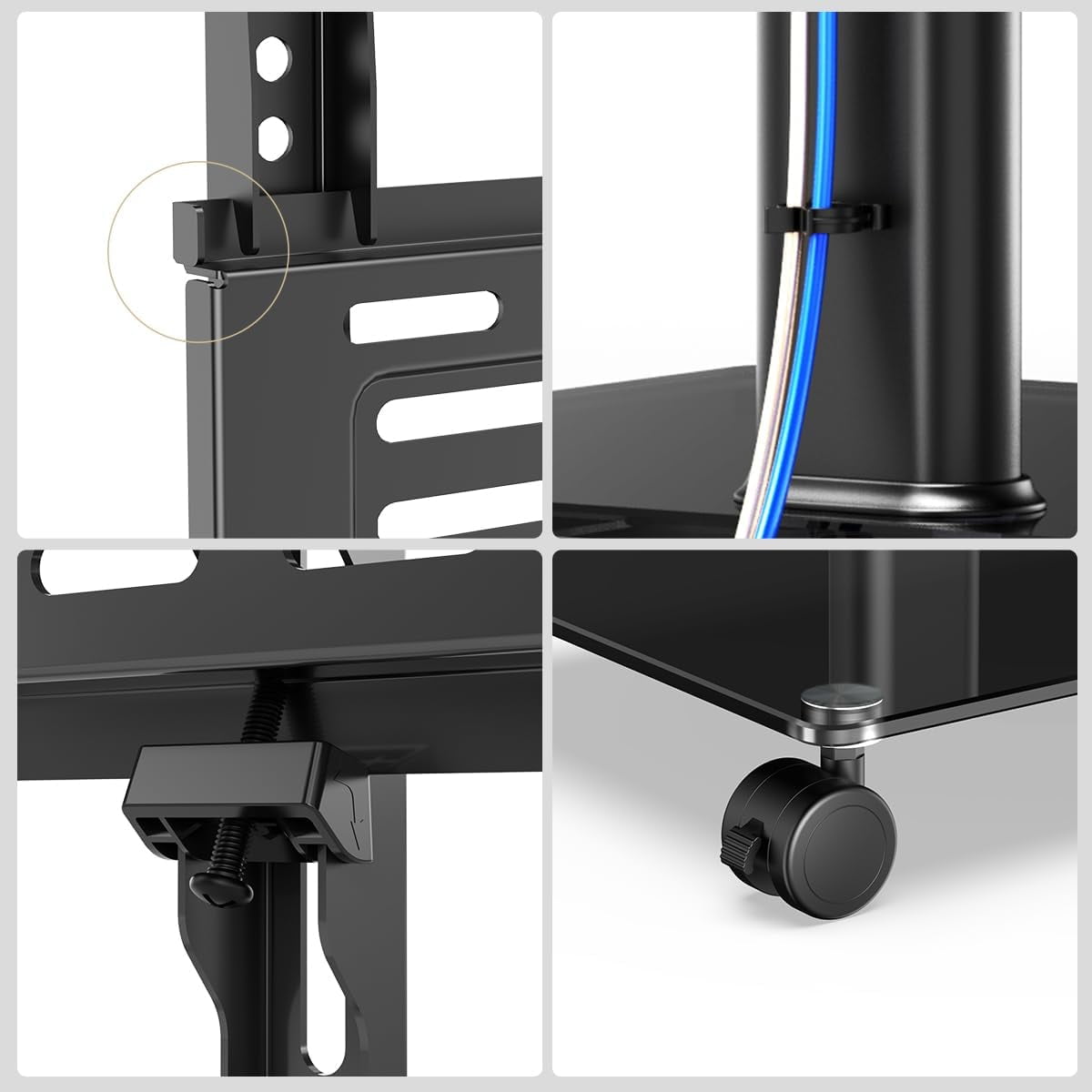 FITUEYES Rolling TV Stand for 32–65 Inch TVs, Black, Swivel Mount, Tempered Glass Base