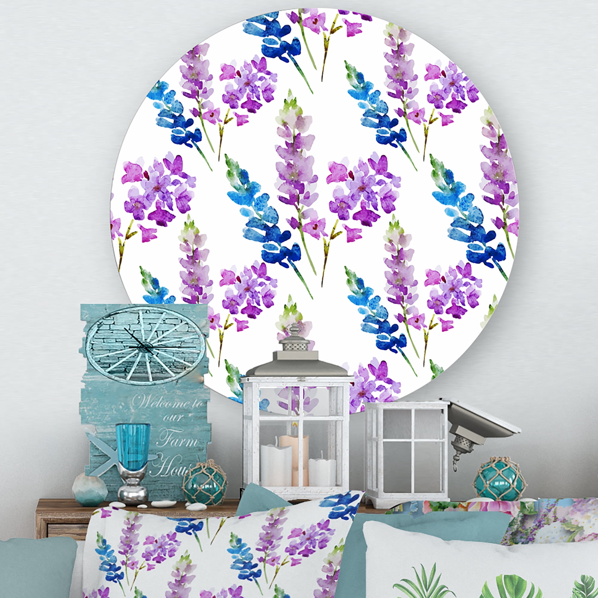 Designart 'Purple and Pink Floral Pattern' Traditional Circle Metal Wall Art 23x23 - Disc of 23