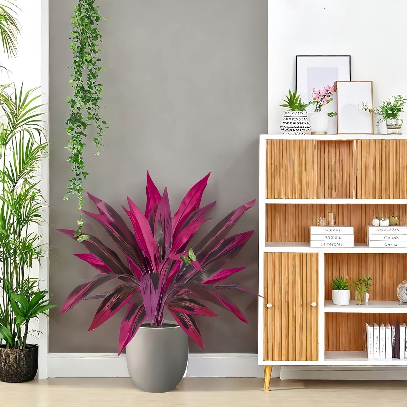 2PCS Artificial Red Cordyline Plant, 23.6 Inch Tall Faux Ti Plant with White Pot, UV Resistant Fake Outdoor Indoor Plants for Home Porch Garden Decor