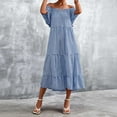 thumbnail image 5 of Sun Dresses Women Summer Casual Plaid Print Off Shoulder Ruffle Flowy Swing Beach Maxi Dress Short Sleeve Vacation Dress, 5 of 6