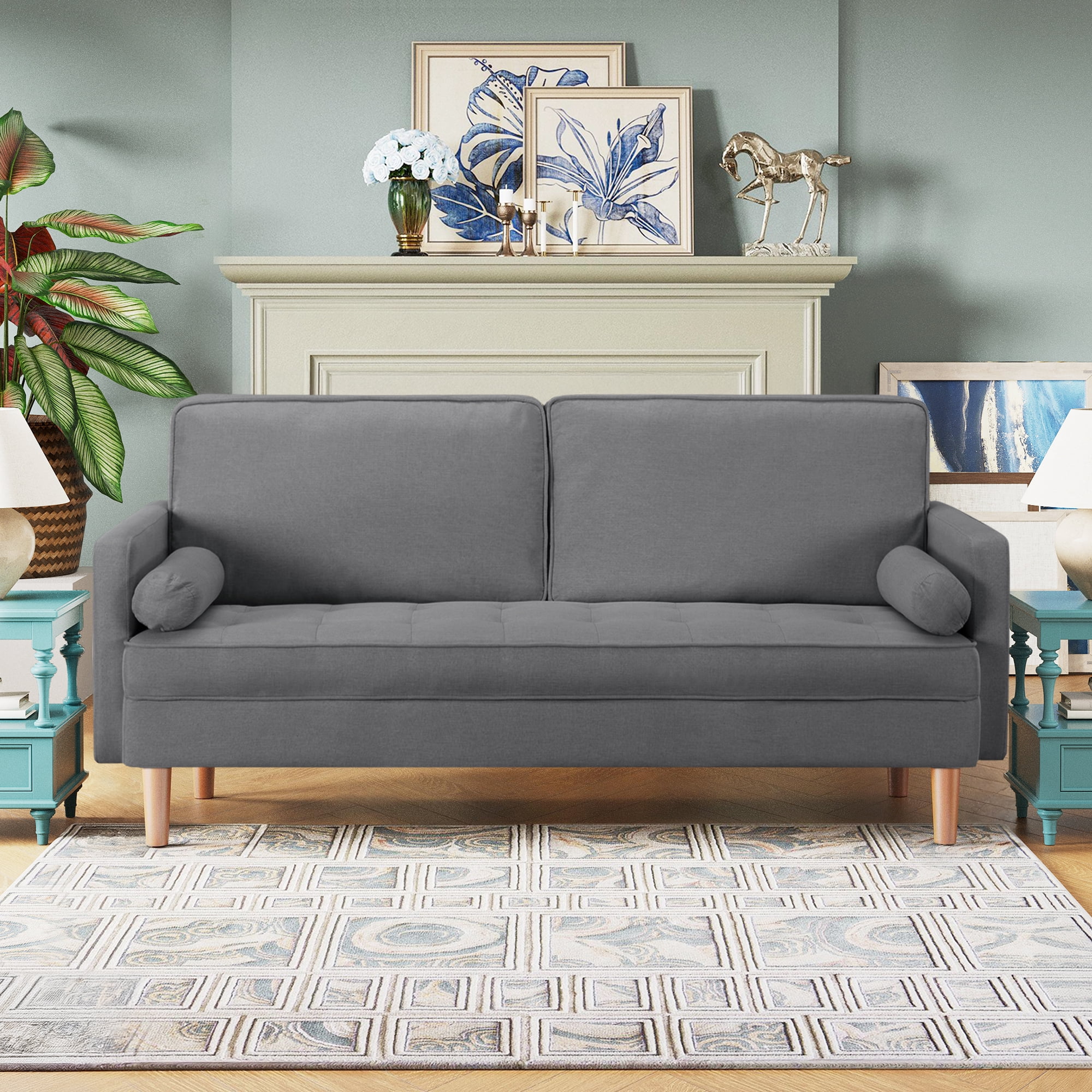 70" Modern Loveseat Sofa Couch,Mid-Century Velvet Upholstered Small Love Seat Couch with 2 Pillows for Compact Space,Living Room,Apartment,Grey