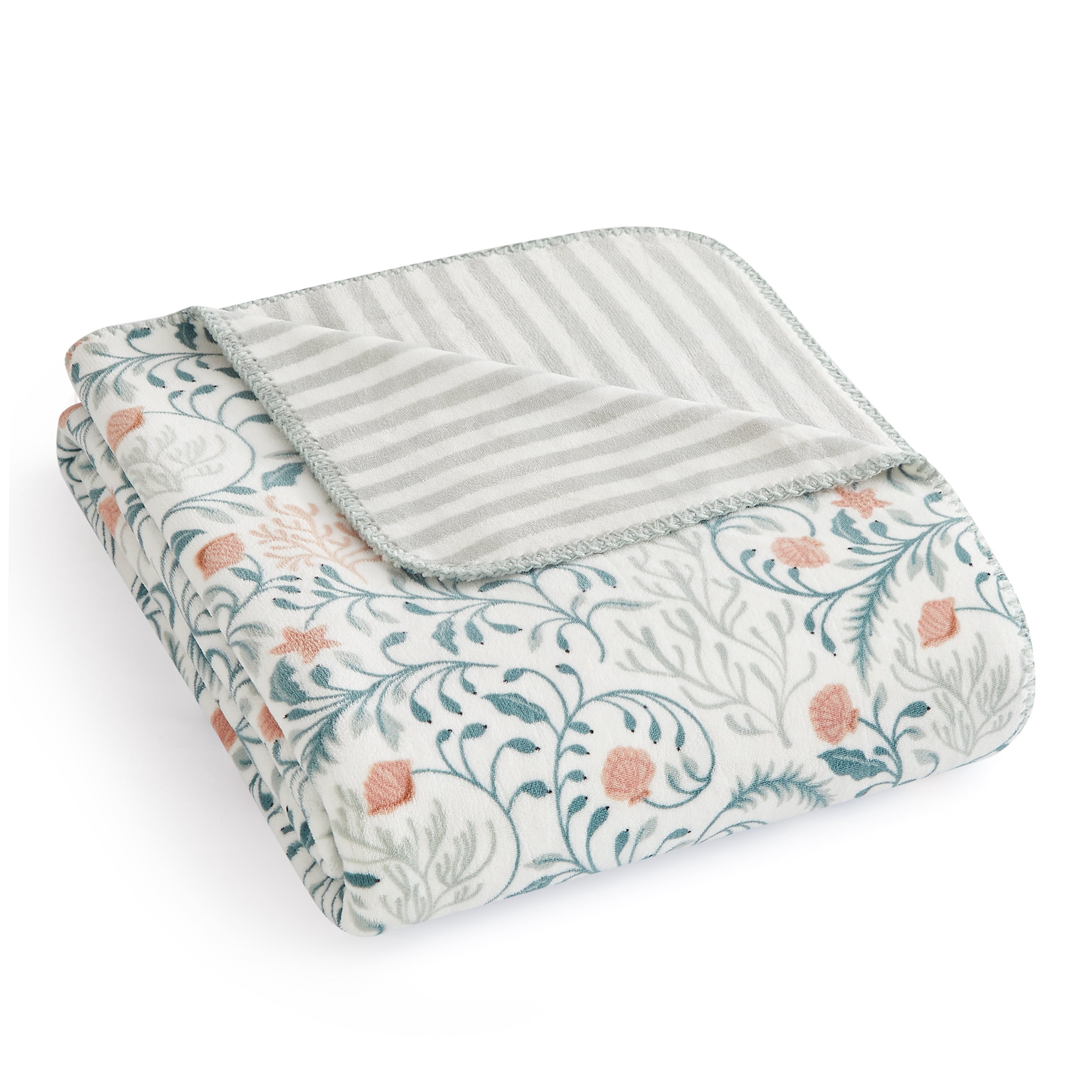 Coastal Living Throw Blanket, Reversible Plush Fleece Blanket for Couch, Green Seaberry Print, 50" x 72"