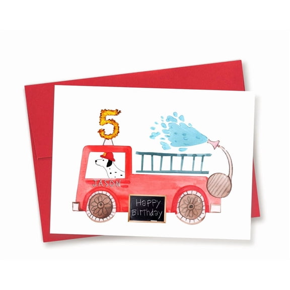 Birthday Card for Kids – Fire Truck Design with Personalizable Name and Age – Envelope Included, Blank Inside – Perfect for 5th Birthday Celebrations