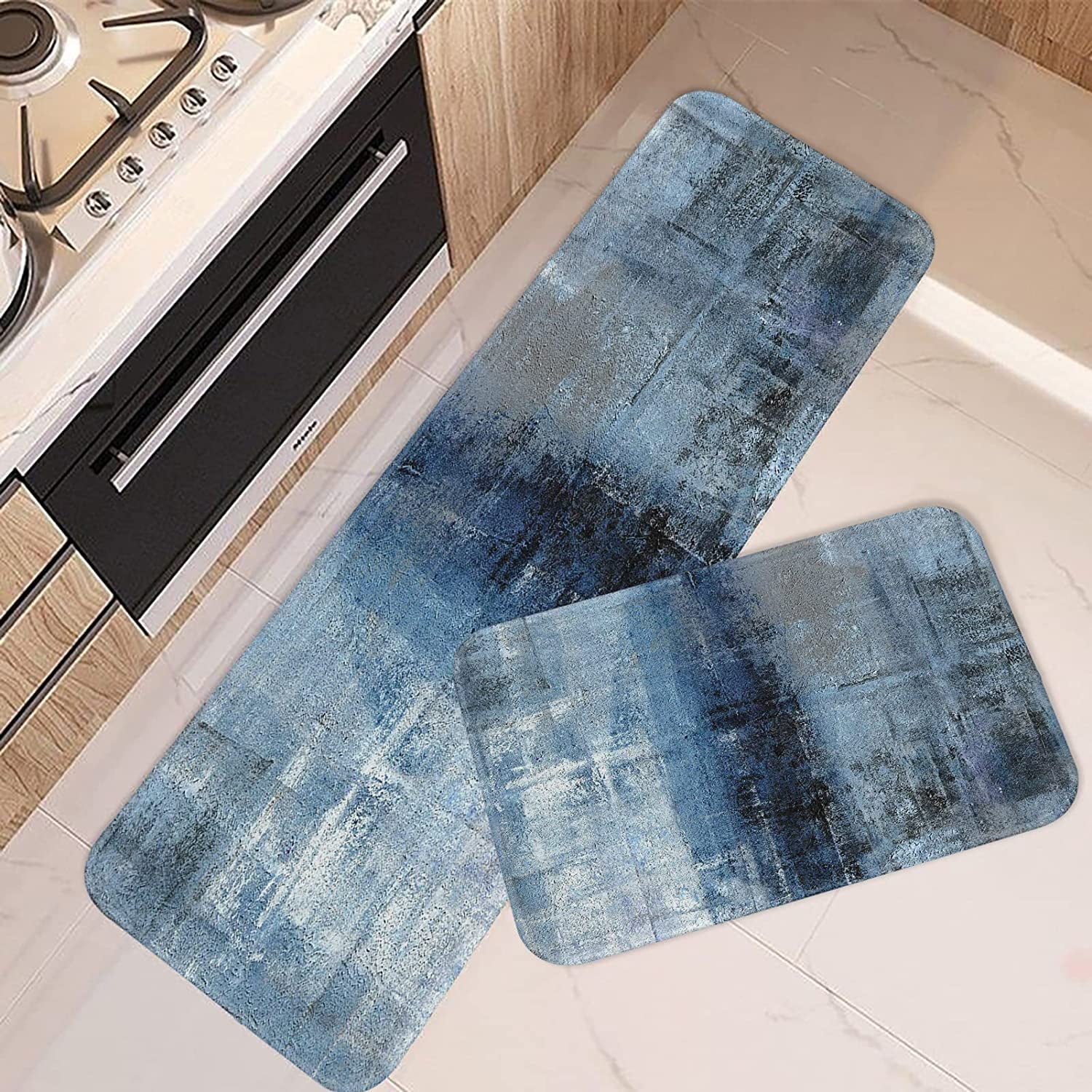 aoselan Blue Grey Kitchen Rugs and Mats Non Skid Washable Set of 2