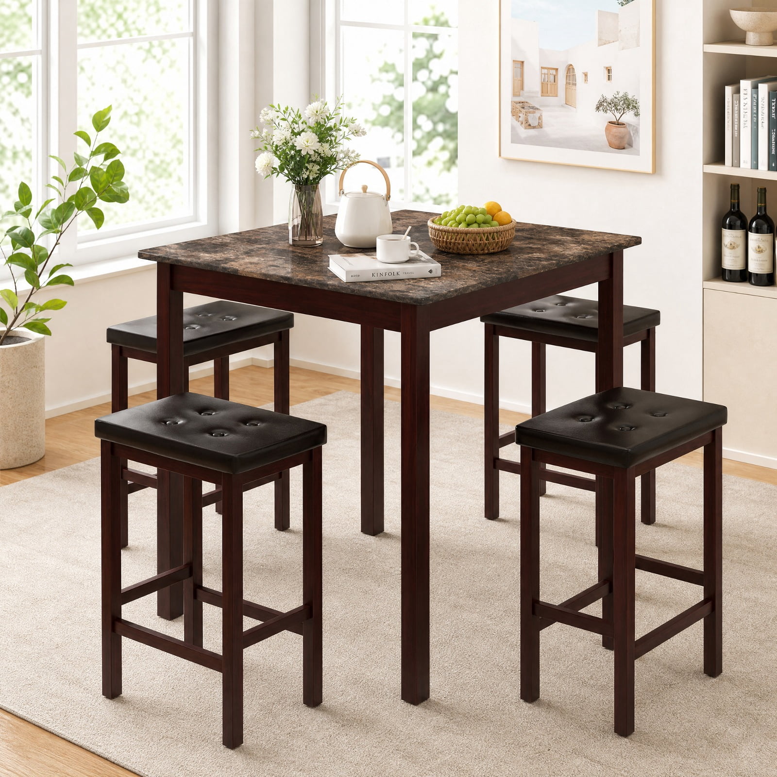 Furnibear 5 Piece Counter Height Bar Table Set with Dining Table and 4 Bar Stools with Rubber Wood Legs for Kitchen Breakfast Nook Seating, Brown