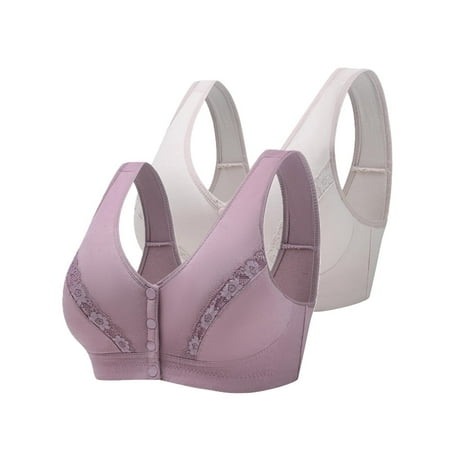 Baywell Women s Front Closure Cotton Bra Button Snap Closure Comfort Wireless Pure Bras Full Coverage Wirefree Push Up Bralettes 2 Packs 42/95BC