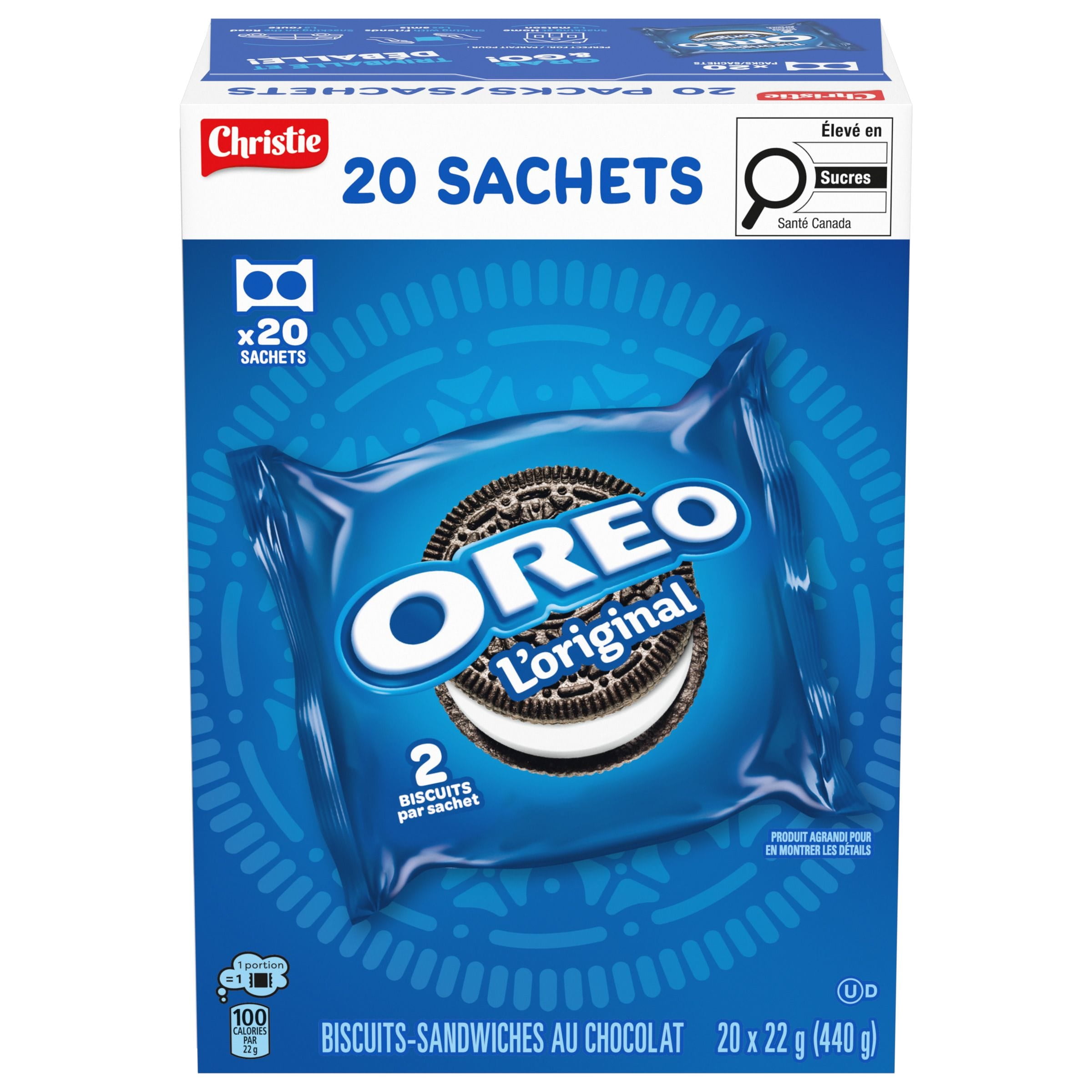 Biscuits-sandwiches au chocolat OREO L’original, 20 sachets Snak Paks (emballés individuellement), 40 biscuits, collations pour l’école, collations pour la boîte à lunch, fête d'anniversaire 440 g