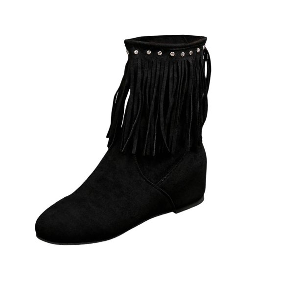 Xfvqtps Womens Fashion Boots Winter Boho Fringe Slip on Booties Mid Calf Flat Heel Suede Ankle Boots with Studs for Casual Outfit Black