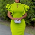 thumbnail image 2 of AURA Women’s Beaded Bodycon Midi Dress Ruffle Short Sleeves Half High Neck Zipper Solid Color S-5XL, 2 of 7