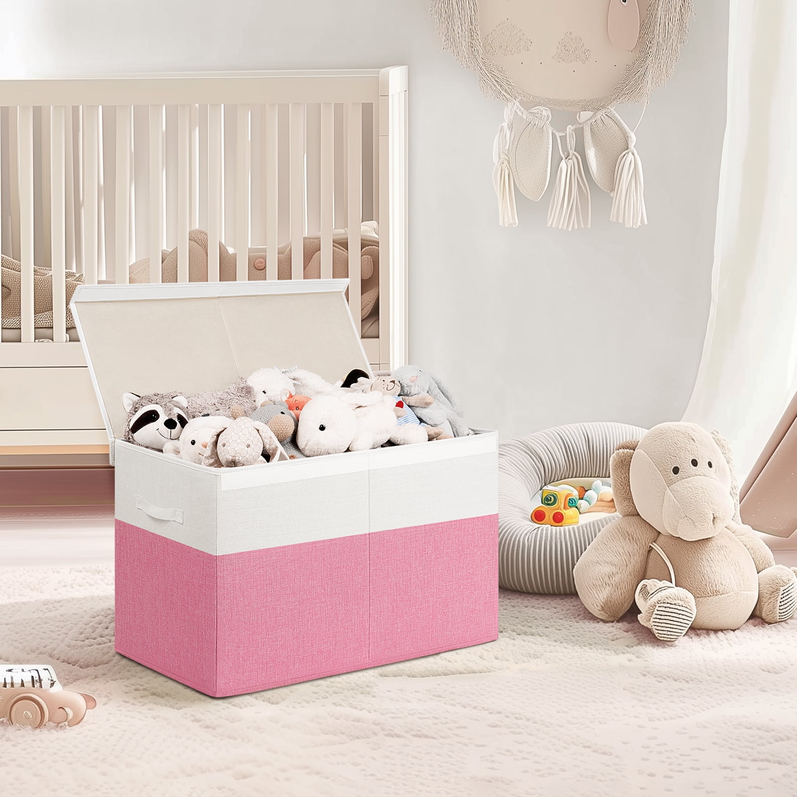Large Toy Storage Box with Lids, Collapsible Sturdy Baby Storage Organizer Chest Bin Basket for Kids, Boys, Girls, Playroom, Nursery, Bedroom, Closet 25"x13"x16" (Pink & White）