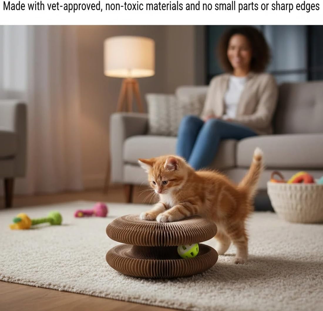 Twisty Paws Cat Toy, 3-in-1 Foldable Cat Scratcher Toy: Interactive Play & Rest Center with Bell | Protects Furniture & Curbs Scratching