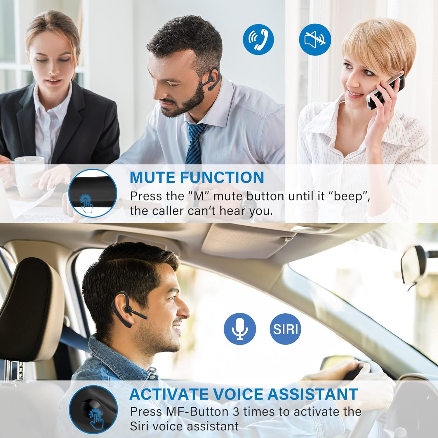 Sunitec Single-Ear Wireless Headset with Dual Microphones, Noise Cancelling, USB Dongle, 45H Talk Time, for PC/Mac