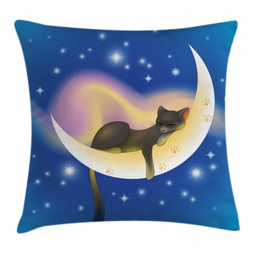 Cat Throw Pillow Cushion Cover, Cat Sleeping on Crescent Moon Stars Night Sweet Dreams Themed Kids Nursery Design, Decorative Square Accent Pillow Case, 20 X 20 Inches, Blue Yellow, by Ambesonne