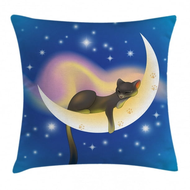 Cat Throw Pillow Cushion Cover, Cat Sleeping on Crescent Moon Stars