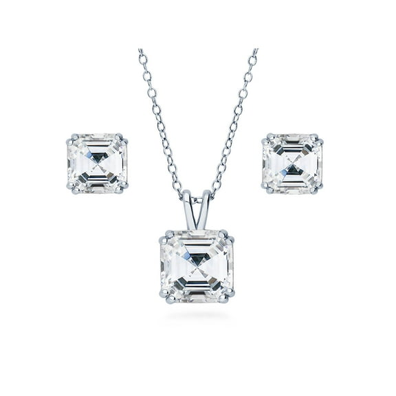 BERRICLE Sterling Silver Solitaire Asscher Cut Cubic Zirconia CZ Fashion Necklace and Earrings Set for Women, Rhodium Plated
