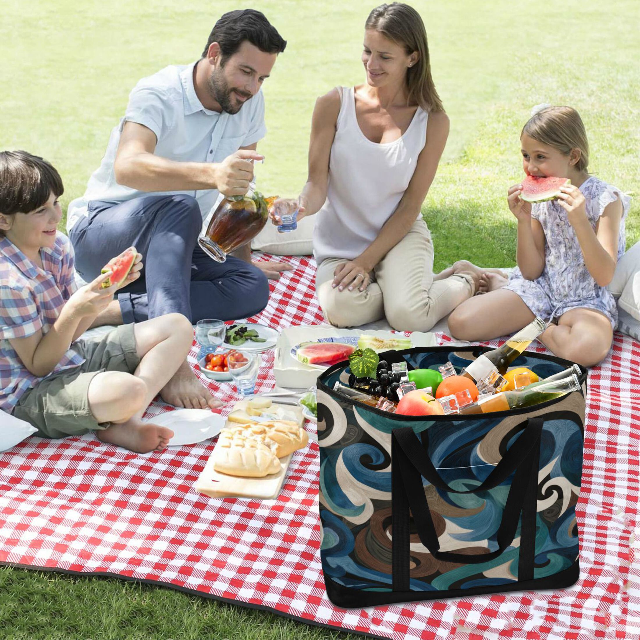 Extra-Large Wide Opening Design Capacity Hand-Held Ice Pack Thickened Insulation Layer For Long-Lasting Cold Retention For Outdoor Shopping Picnics And Camping Dark-toned Swirl Pattern