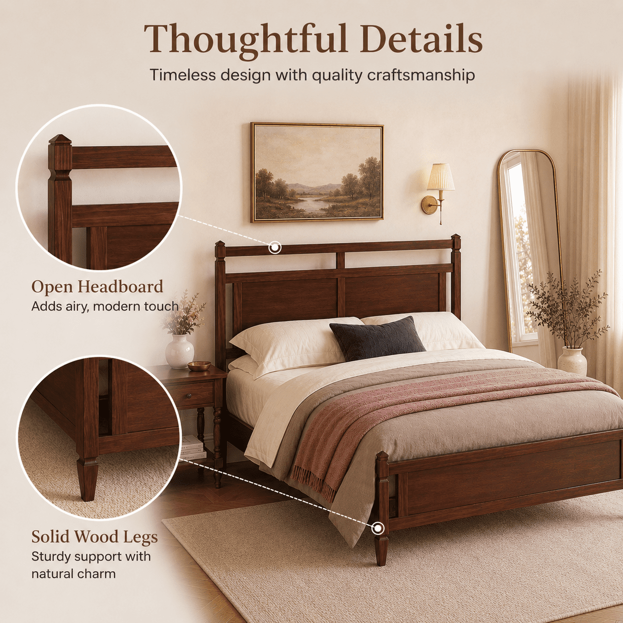 Euroco Modern Wood Queen Size Platform Bed, Mid-Century Bed Frame with Panel Headboard, No Box Spring Needed, Dark Walnut