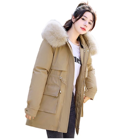 IROINNID Women's Mid-Long Hoodie Puffer Coat Solid Color Long Sleeve Winter Jacket Warm Overcoat Slim Zipper Thicker Coat Outwear, Khaki