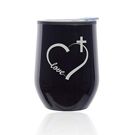 

Stemless Wine Tumbler Coffee Travel Mug Glass with Lid Love Heart Cross Christian (Midnight Black)