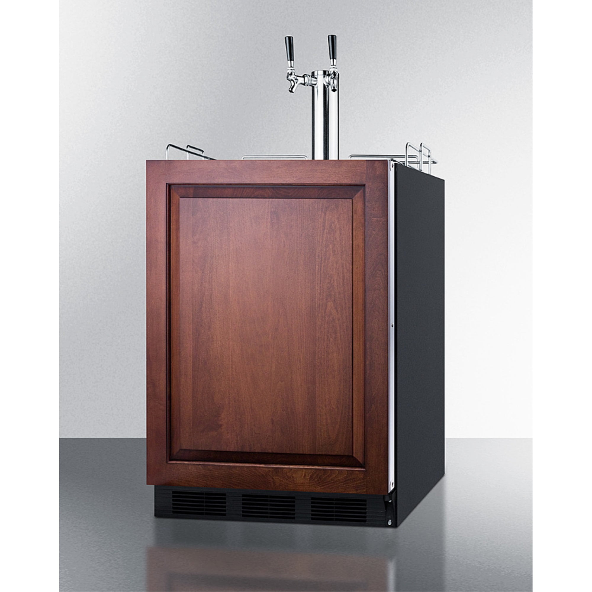 Built-in kegerator for use under ADA compliant counters with dual tap kit for two 1/6 kegs and panel-ready door