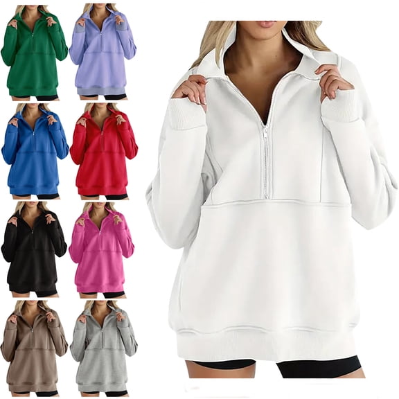 Fashion Half Zip Hoodie Sweatshirts for Womens Plus Size Casual Loose Long-sleeved Solid Color Hooded Sweater With Pockets