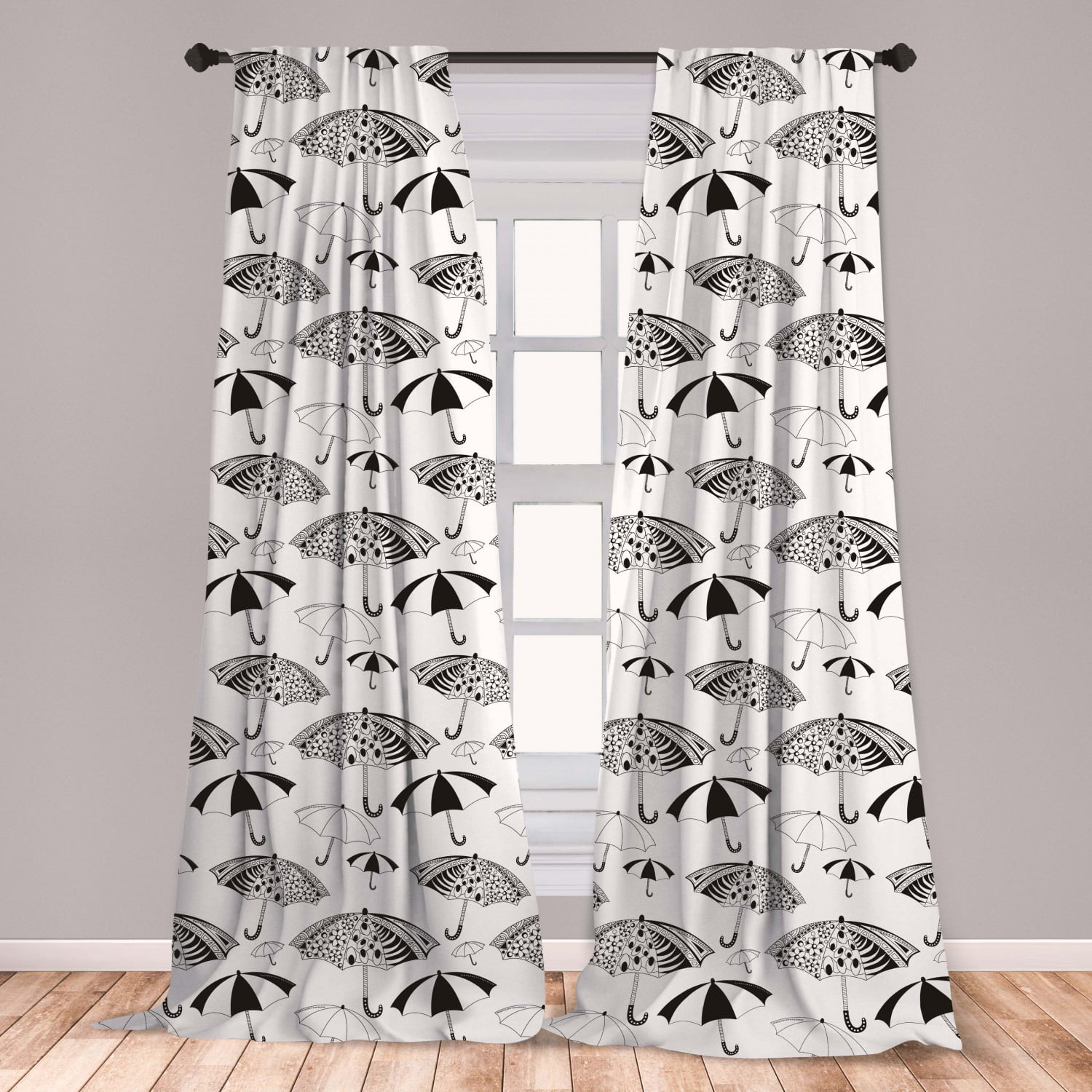 Black and White Curtains 2 Panels Set, Ornate Umbrella with Minimalist