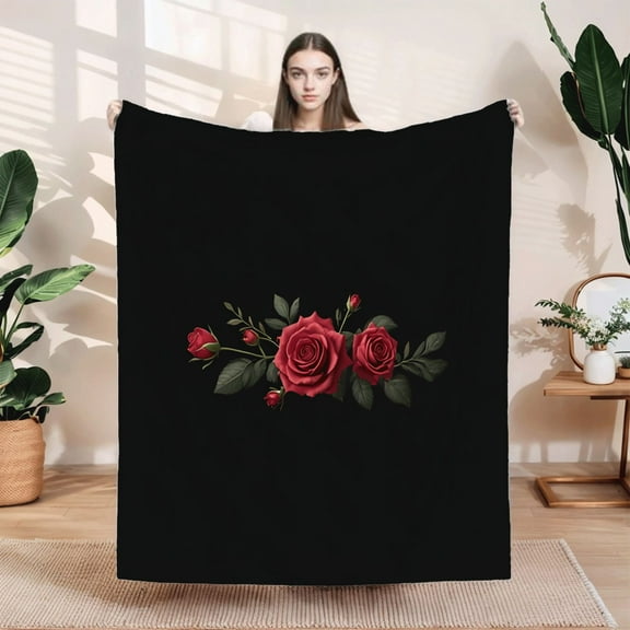 Elegant Red Roses Flannel Blanket - Soft Cozy and Warm for Sofa Travel Bed and Chair - Perfect Floral Design for Home Decor