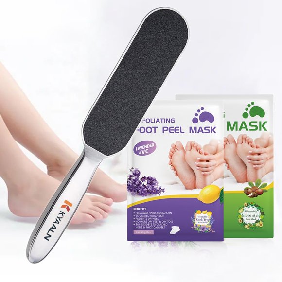Lima de pies profesional de acero inoxidable y removedor de callos - Elimina la piel dura y muerta Doble cara para pies húmedos y secos Solución de pedicura innovadora con juego de 2 mascarillas para
