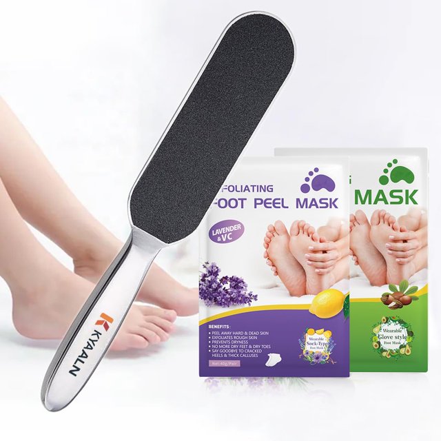 Lima de pies profesional de acero inoxidable y removedor de callos - Elimina la piel dura y muerta Doble cara para pies húmedos y secos Solución de pedicura innovadora con juego de 2 mascarillas para