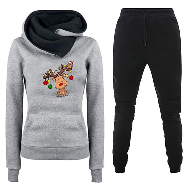 Puntoco Conjunto de dos piezas de suéter y pantalones estampados de manga larga con capucha y cuello redondo para mujer Puntoco Puntoco-4555
