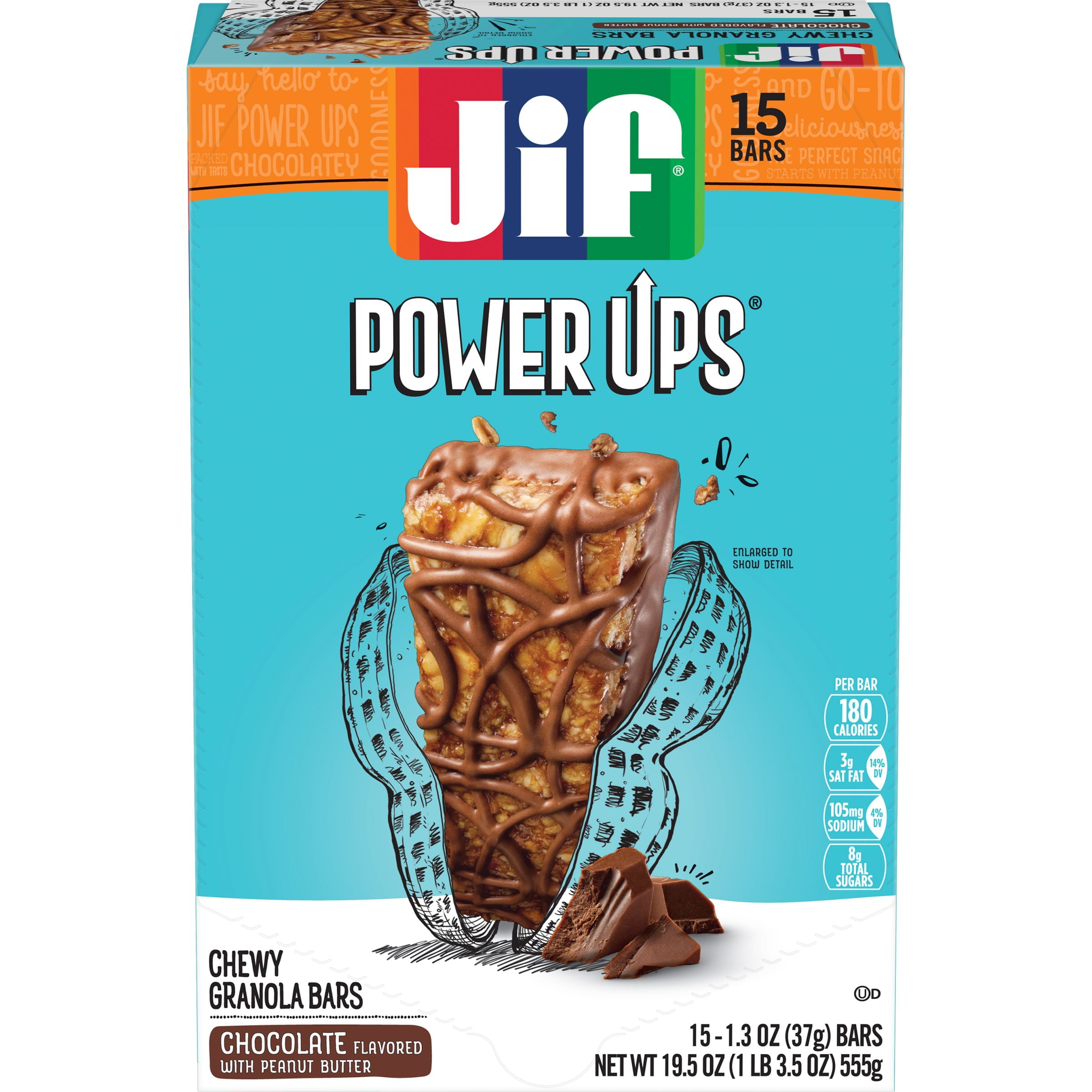Jif Power Ups Chewy Granola Bars, Chocolate with Peanut Butter, 1.3