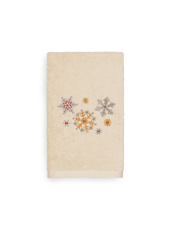 Linum Home Christmas Snowfall Embroidered Beige Turkish Cotton Hand Towel