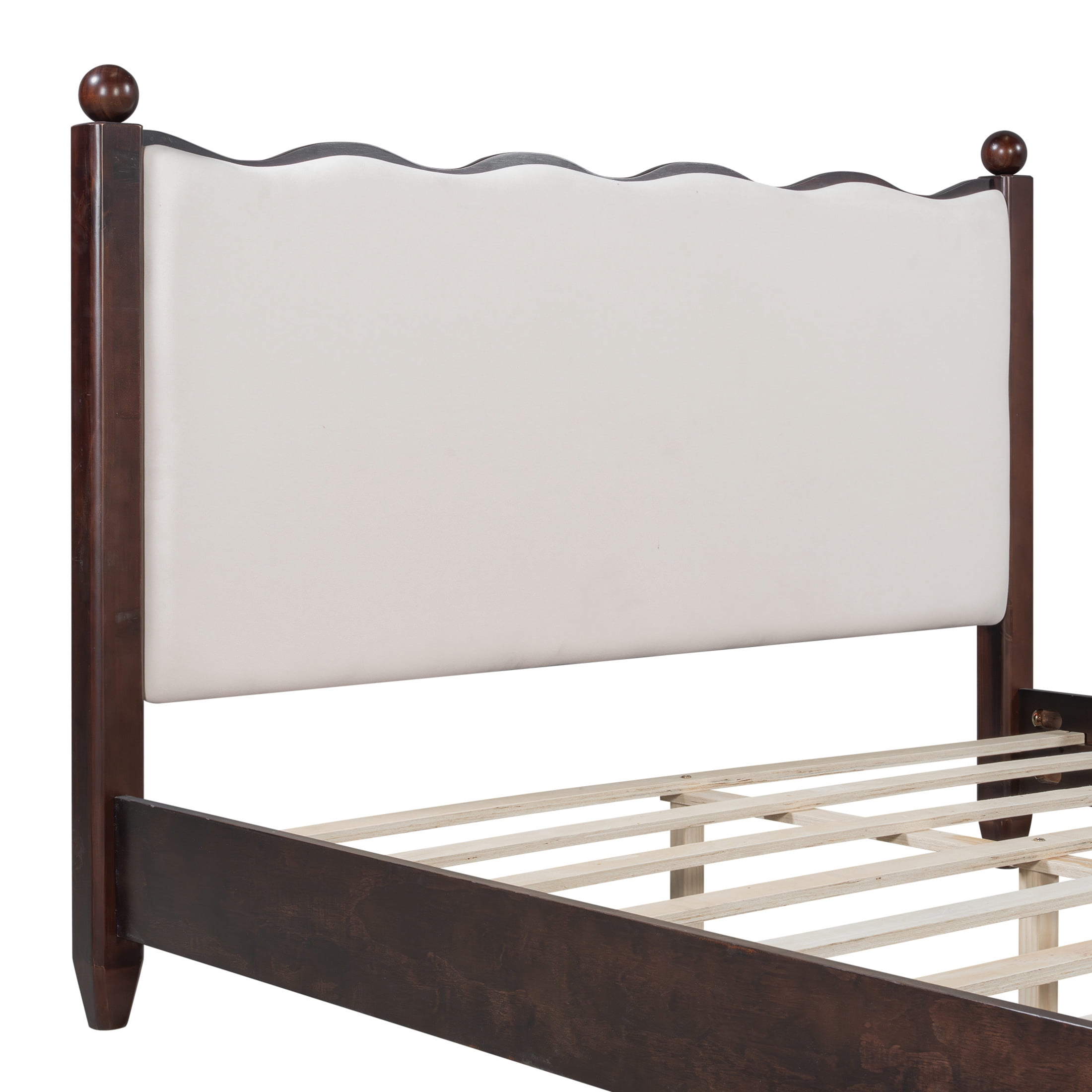 Noble House Lorven Queen Size Platform Bed with Scalloped Upholstered Headboard, Pine Wood Frame, Beige & Espresso