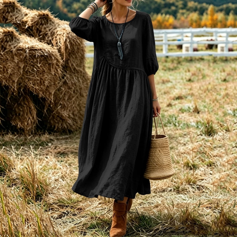 Qunyiney Black Women Dresses Fall 3/4 Sleeve Faux Linen Long A Line Dress Flowy Crew Neck Casual Loose Fit Dresses, Women's, Size: Large