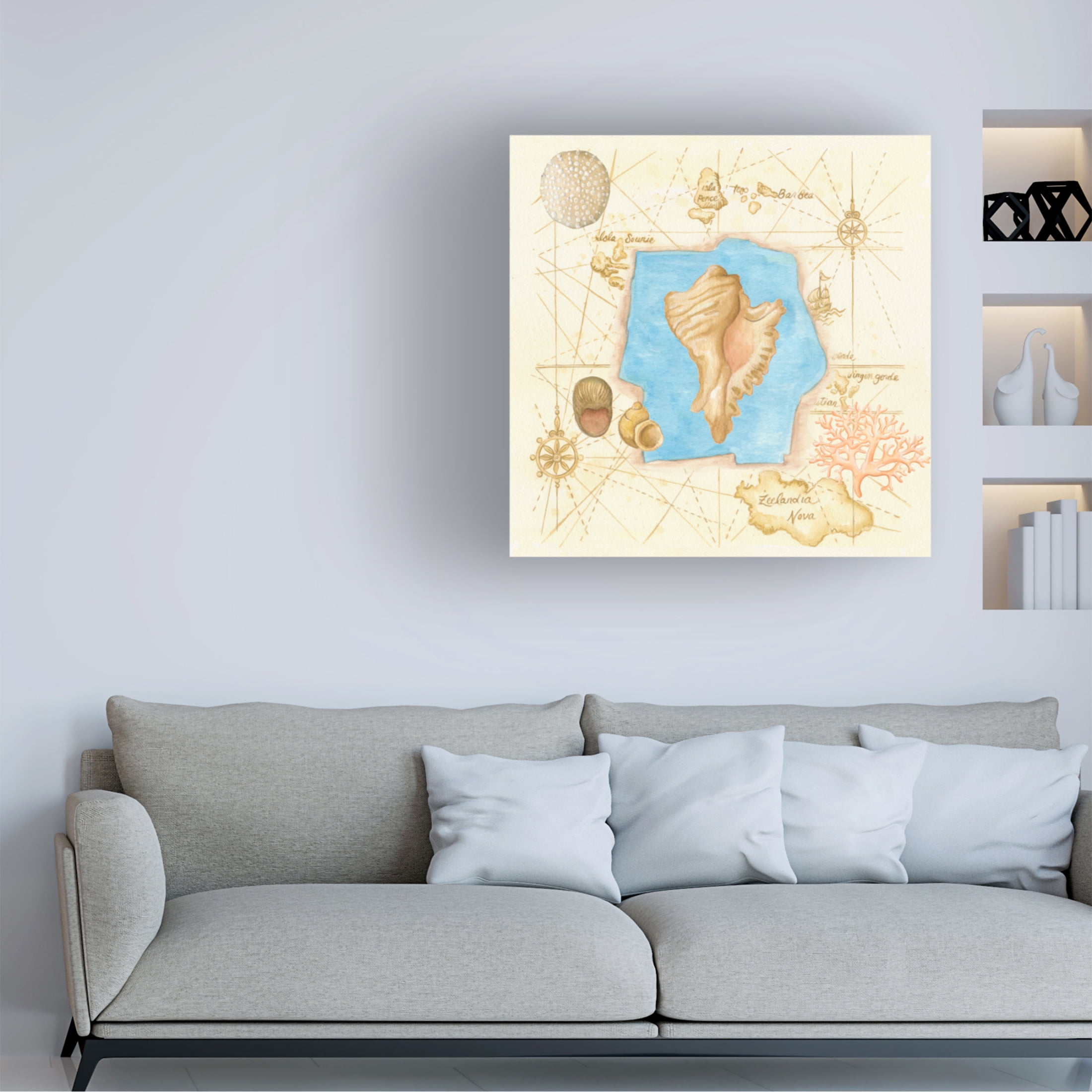 Canvas Wall Art - Andrea Strongwater 'Conch On Map' Wall Art for Living Room, Bedroom, or Office Décor by Trademark Fine Art - 14 x 14 Inches
