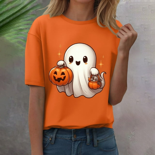T-Shirt à Manches Courtes pour Femmes Seductiva Liquidation d'Économies d'Été T-Shirt d'Halloween pour Femmes Manches Courtes Graphique Col Rond Hauts Imprimé Citrouille Chandails Décontractés d'Automne Automne 2025