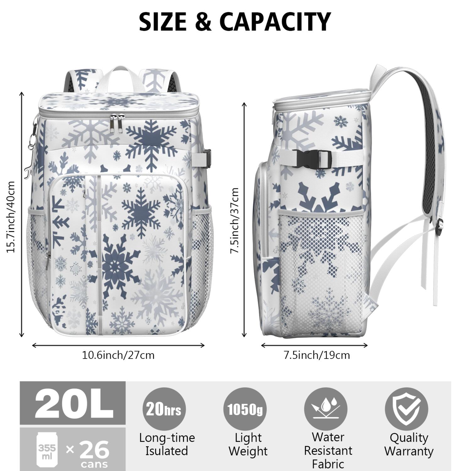 Travel Cooler Bag - Blue Christmas Snowflake Pattern Camping Beer Cooler Backpack with Bottle Opener- Waterproof Insulated Picnic Backpacks - Cooler Bag for Beach