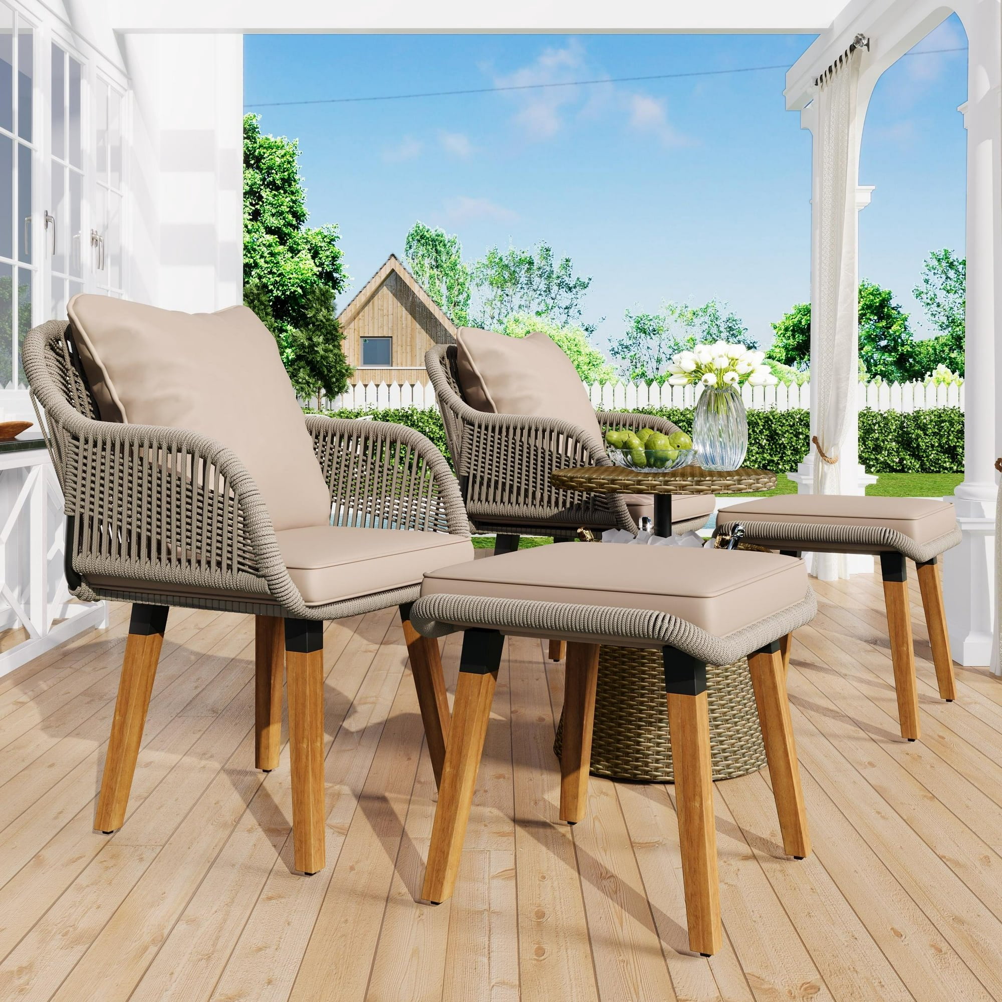 5 PCS Outdoor Rattan Furniture Set, Patio Lounge Chairs with Storage Ottoman Footrest, All Weather Cushioned Outside Sectional Furniture Set for Backyard, Deck, Balcony, GE033