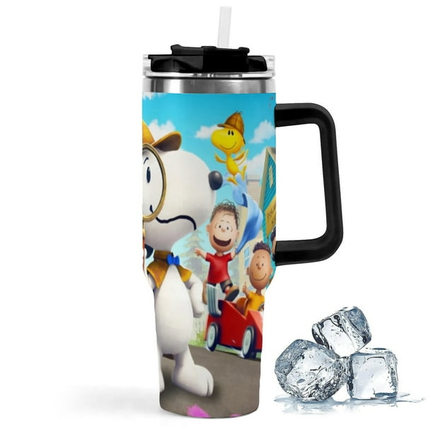 Snoopy Vaso aislado de acero inoxidable con asa, diseño temático, regalo para familia, amigos y fans; incluye pajita y encaja en el portavasos estándar, 40 oz