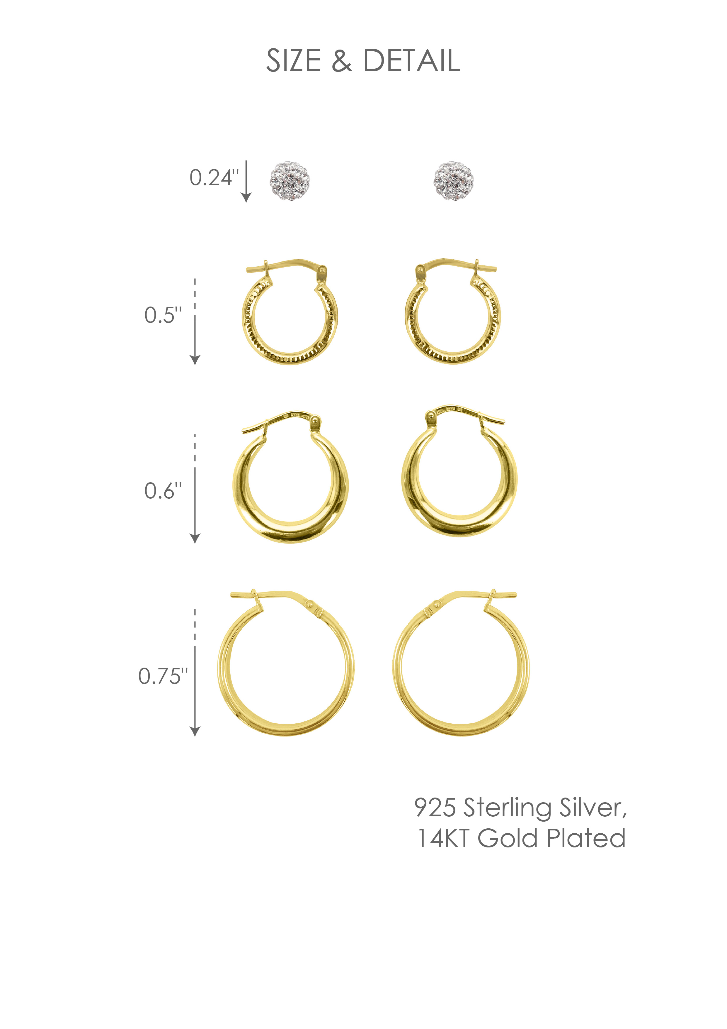 Brilliance Fine Jewelry Sterling Silver 14K Gold Plated Crystal Studs and Hoops Adults Earring Set; Adults 4 Pairs