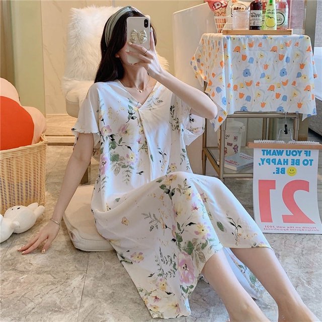 Camisón de seda de algodón para mujer, pijama de verano de manga corta con estampado de dibujos animados, estilo de talla grande, suelto, de seda de algodón, ropa de casa fina