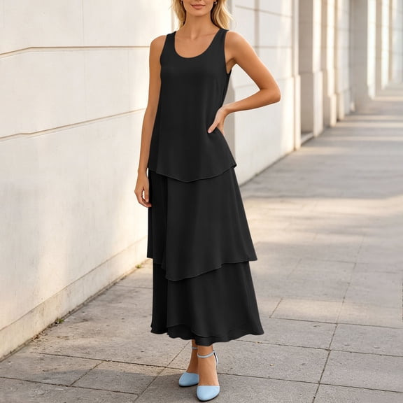 Uscallm Women's Sleeveless Maxi Dresses Round Neck Flowy Layered Boho Beach Vacation Casual Long Loose Sundresses Solid Summer Formal Dress, Black 2XL