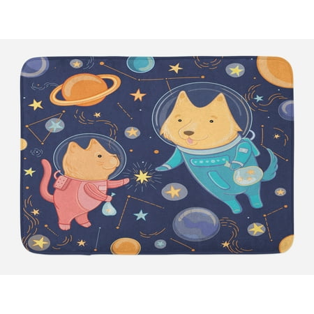 Space Bath Mat, Cartoon Dog and Cat Floating among the Stars Animal Astronauts Exploring Universe, Non-Slip Plush Mat Bathroom Kitchen Laundry Room Decor, 29.5 X 17.5 Inches, Multicolor,