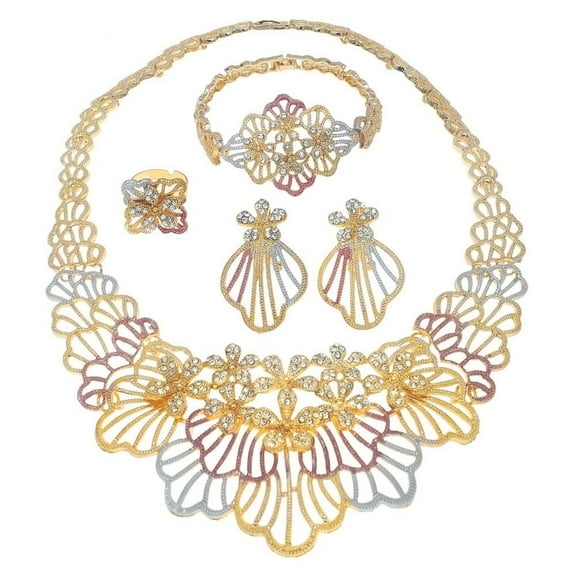 4 Pcs 18K Women's Jewelry Sets for Wedding Sparkling Crystal Necklace Bracelet Earrings Ring Jewelry Sets Party Prom Costume Accessories for Women